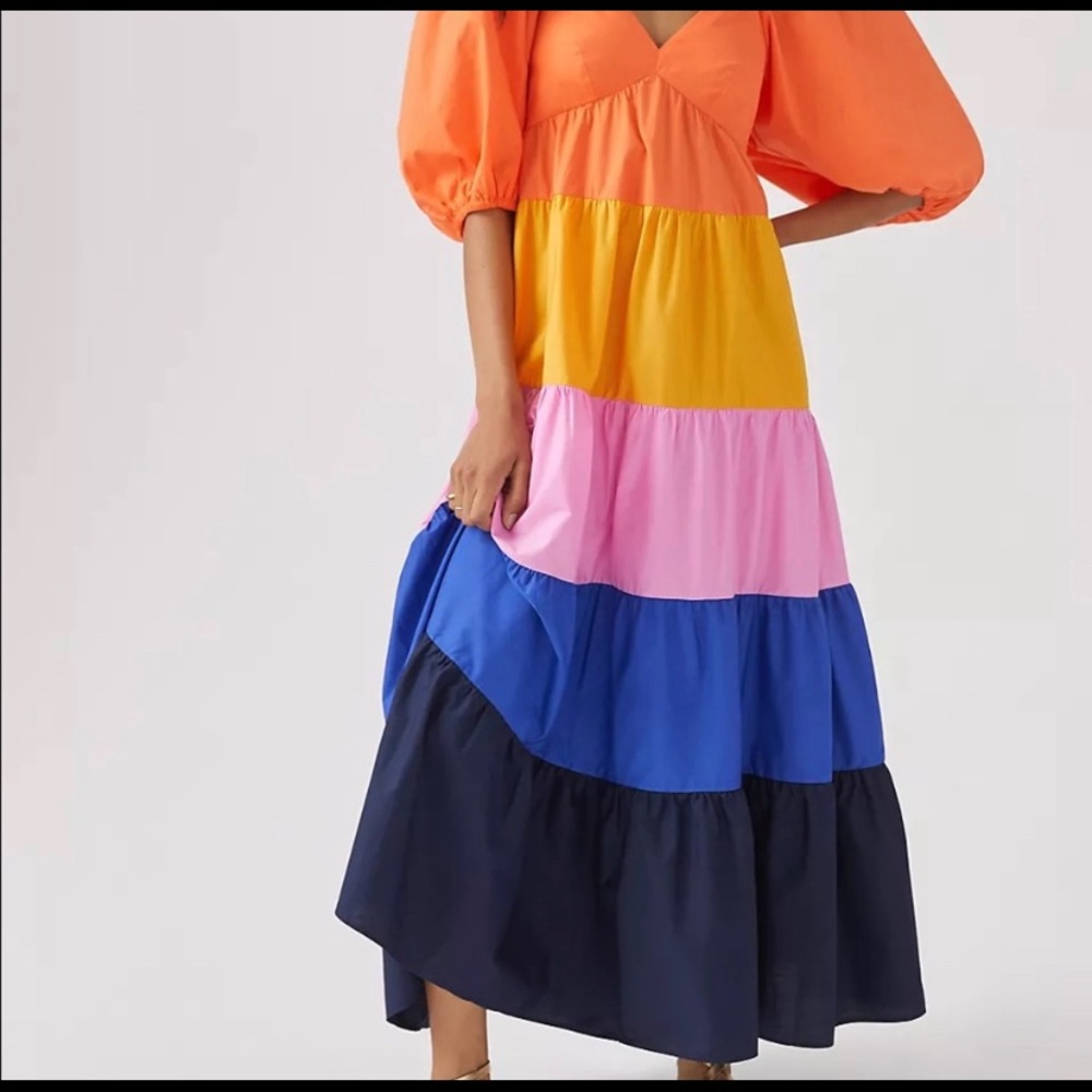 Anthropologie Farm Rio colorblock tiered dress NWT Anthropologie med rainbow